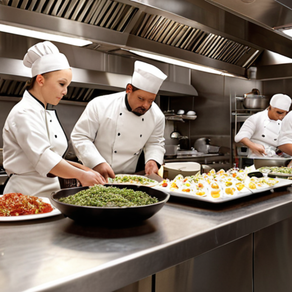 **A busy restaurant kitchen scene:** Focus on a diverse team of chefs preparing gourmet dishes. High-quality ingredients are visible. The overall atmosphere is clean, organized, and professional.