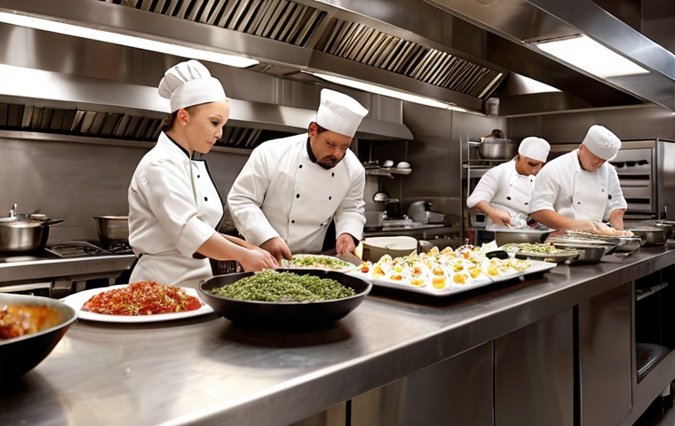 **A busy restaurant kitchen scene:** Focus on a diverse team of chefs preparing gourmet dishes. High-quality ingredients are visible. The overall atmosphere is clean, organized, and professional.