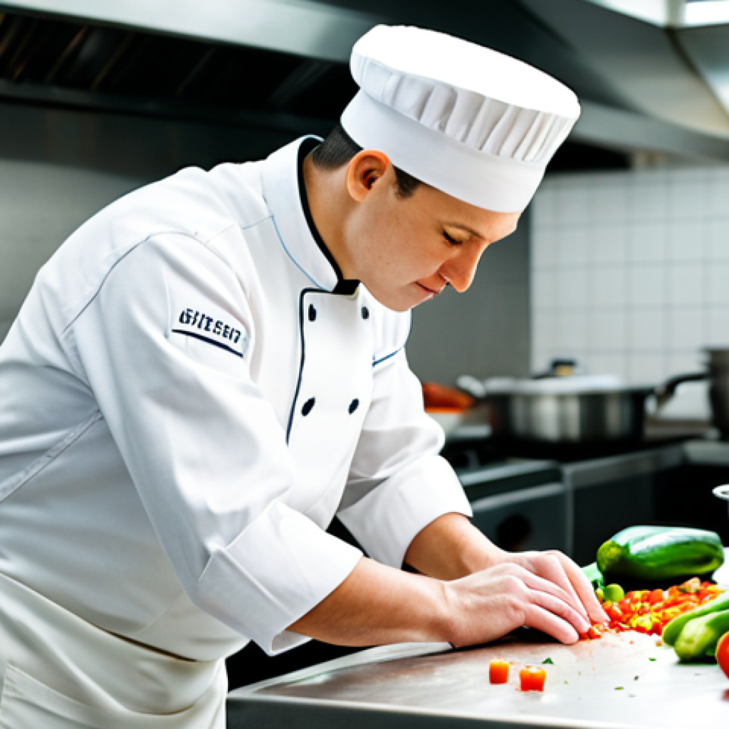 A young, focused professional chef in a clean, modest white chef's uniform and toque, meticulously chopping fresh vegetables on a stainless steel counter in a bustling, well-lit professional kitchen. Steam rises subtly from background pots, with blurred figures of senior chefs working diligently. The scene depicts the humble beginnings of a culinary journey. Professional photography, high detail, sharp focus, natural light, realistic. Perfect anatomy, correct proportions, natural pose, well-formed hands, proper finger count, natural body proportions. Safe for work, appropriate content, fully clothed, professional dress.