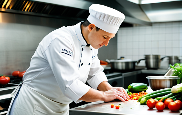 A young, focused professional chef in a clean, modest white chef's uniform and toque, meticulously chopping fresh vegetables on a stainless steel counter in a bustling, well-lit professional kitchen. Steam rises subtly from background pots, with blurred figures of senior chefs working diligently. The scene depicts the humble beginnings of a culinary journey. Professional photography, high detail, sharp focus, natural light, realistic. Perfect anatomy, correct proportions, natural pose, well-formed hands, proper finger count, natural body proportions. Safe for work, appropriate content, fully clothed, professional dress.