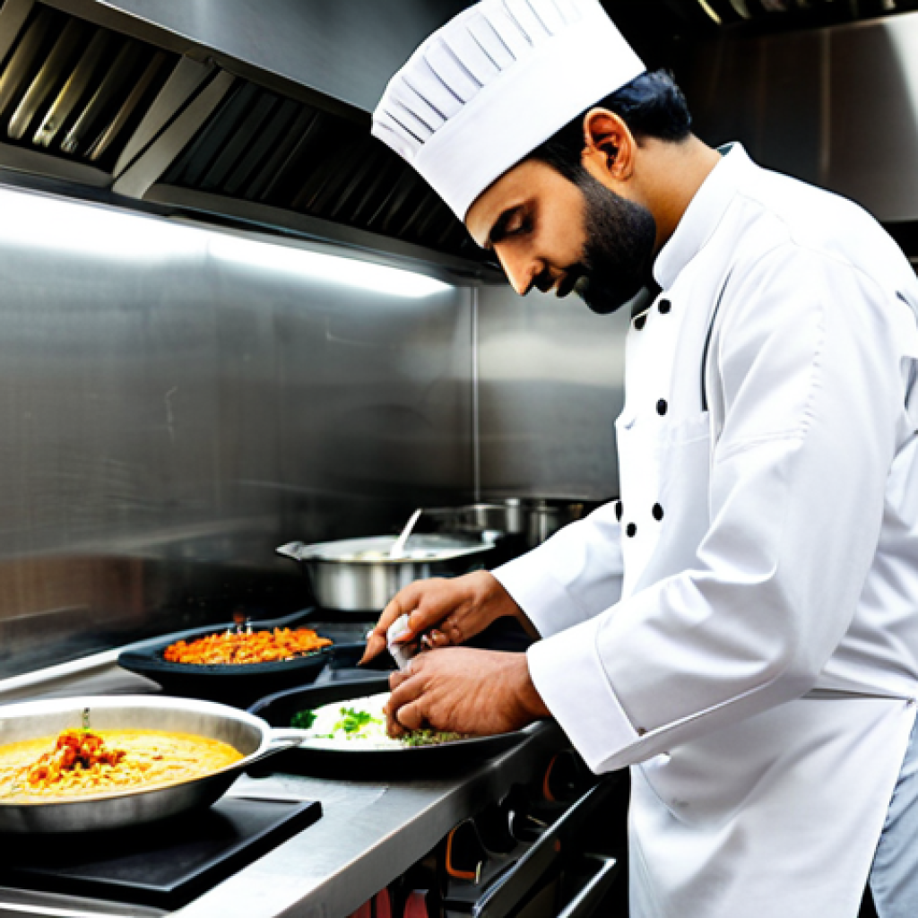 Modern Pakistani Restaurant Kitchen**

"A professional chef, fully clothed in a clean, white chef's uniform, preparing a traditional Pakistani dish in a modern restaurant kitchen, stainless steel appliances, bright lighting, safe for work, appropriate content, perfect anatomy, natural proportions, family-friendly, high quality, well-formed hands."

**