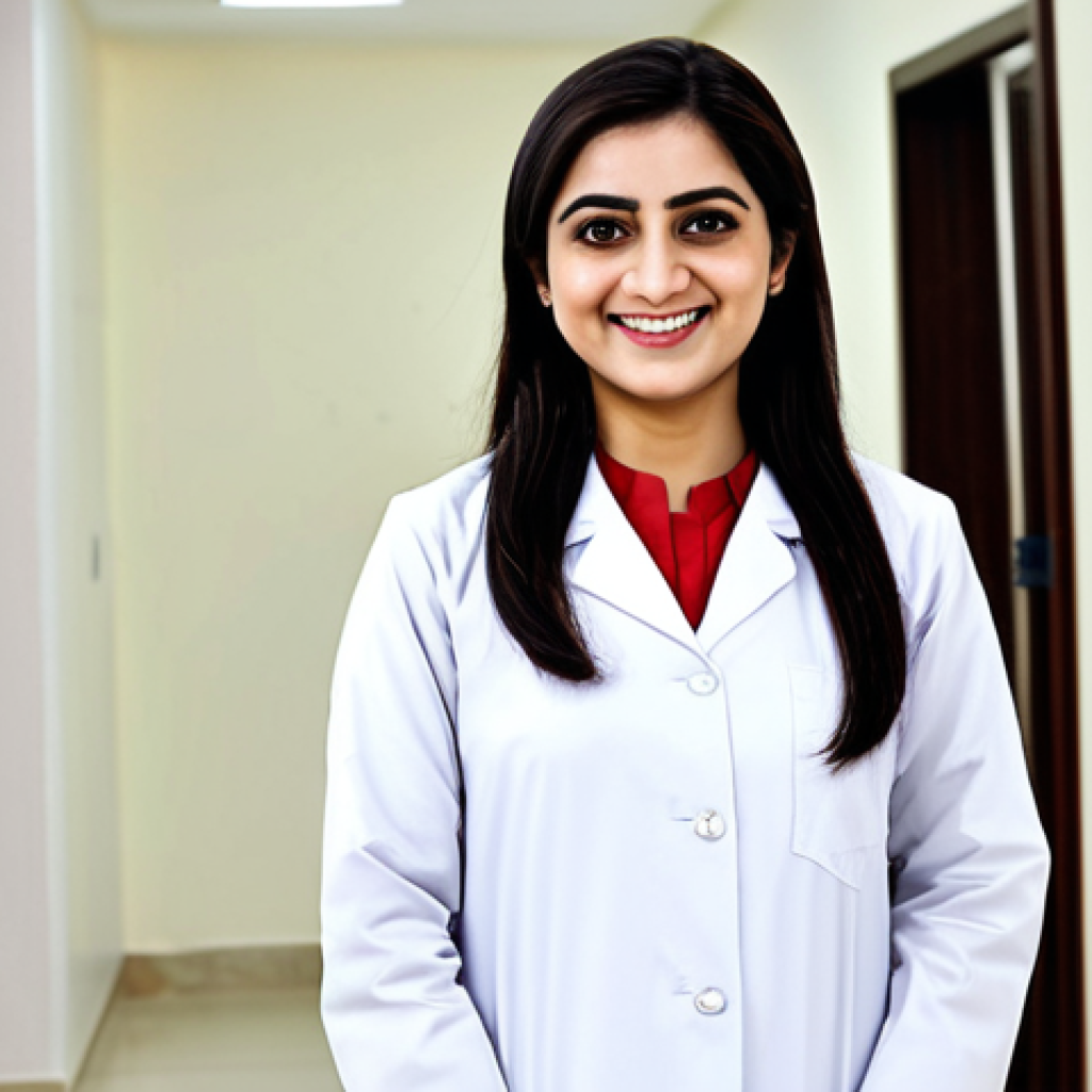 **

A professional Pakistani female doctor, fully clothed in a modest shalwar kameez with a white coat, standing in a modern, well-lit clinic in Karachi. Smiling warmly at the camera. Perfect anatomy, correct proportions, natural pose. Safe for work, appropriate content, fully clothed, professional. High quality, detailed face, realistic lighting.

**