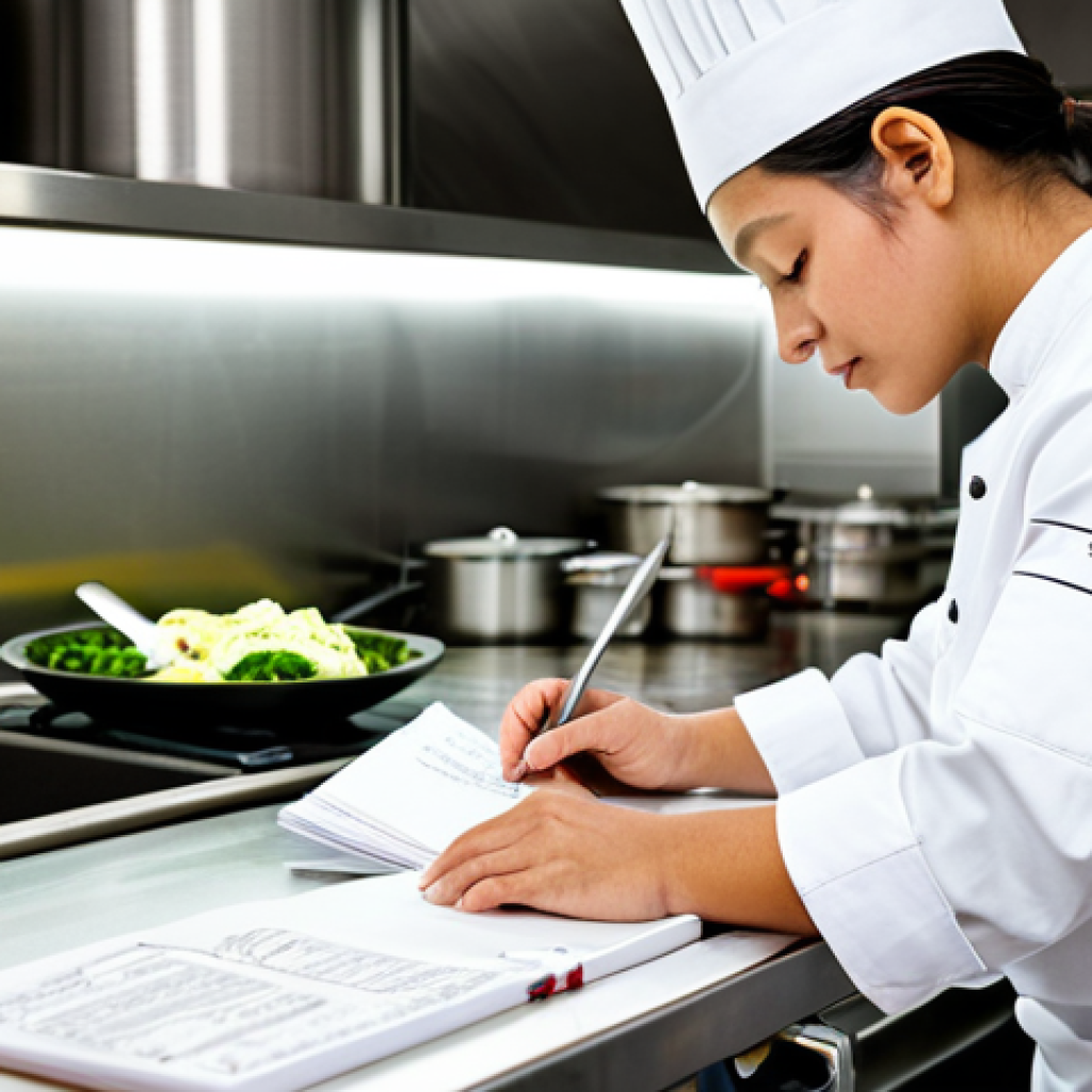 **

"A young, aspiring chef in a clean, professional kitchen, fully clothed in a chef's uniform, meticulously reviewing notes at a stainless steel counter. Background includes various cooking utensils and ingredients, arranged neatly.  Lighting is bright and focused, highlighting the chef's dedication. Safe for work, appropriate content, professional, modest, perfect anatomy, correct proportions, well-formed hands, proper finger count, natural body proportions."

**
