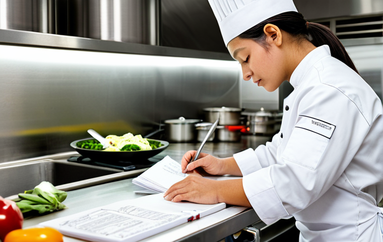 **

"A young, aspiring chef in a clean, professional kitchen, fully clothed in a chef's uniform, meticulously reviewing notes at a stainless steel counter. Background includes various cooking utensils and ingredients, arranged neatly.  Lighting is bright and focused, highlighting the chef's dedication. Safe for work, appropriate content, professional, modest, perfect anatomy, correct proportions, well-formed hands, proper finger count, natural body proportions."

**