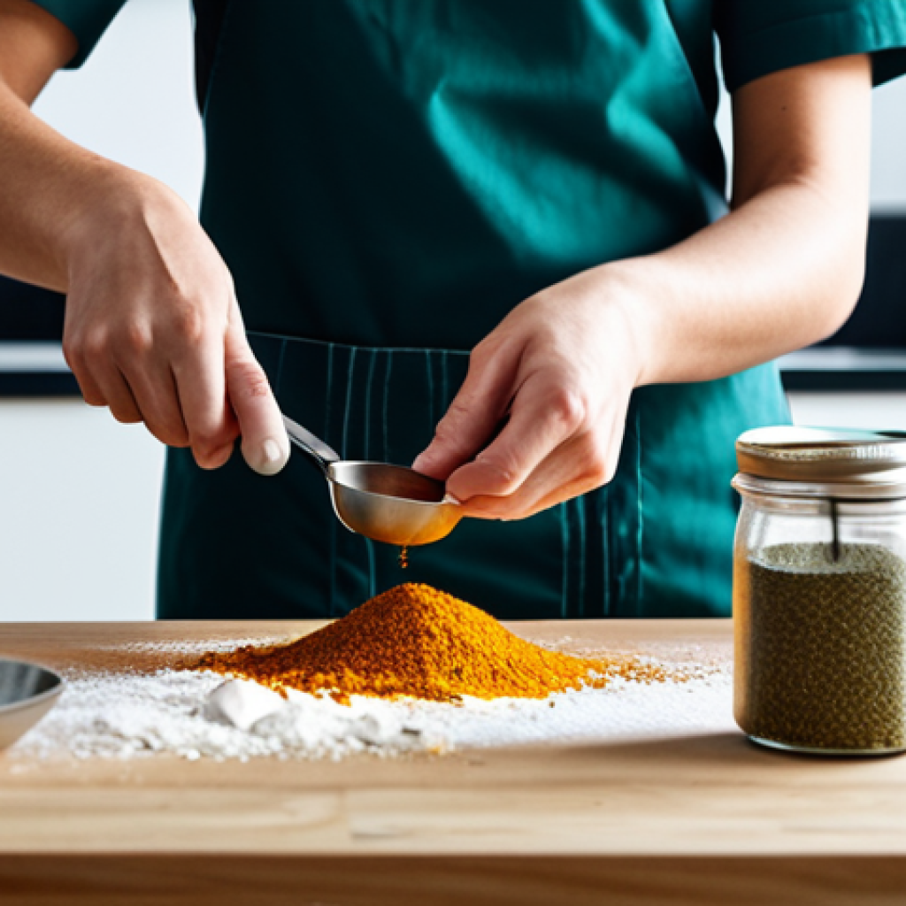 요리 실기시험에서 자주 나오는 실수 - **Measuring Ingredients:** "A well-lit kitchen scene, featuring a person carefully measuring spices ...