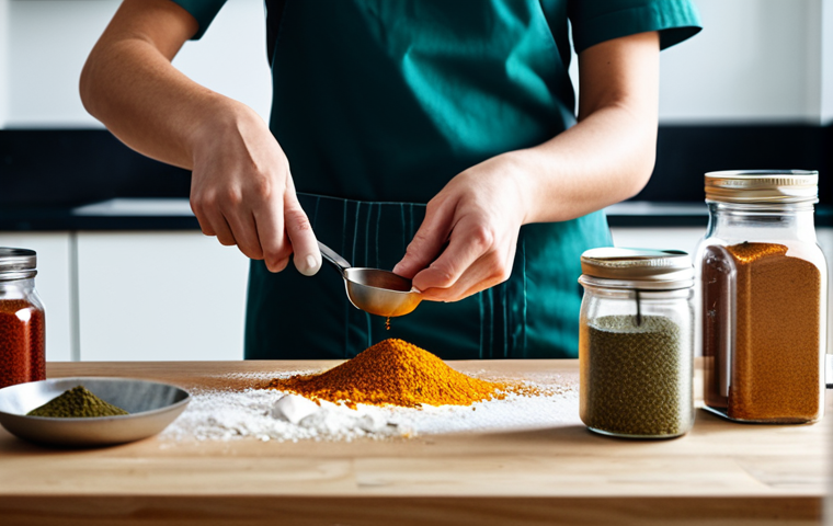 요리 실기시험에서 자주 나오는 실수 - **Measuring Ingredients:** "A well-lit kitchen scene, featuring a person carefully measuring spices ...