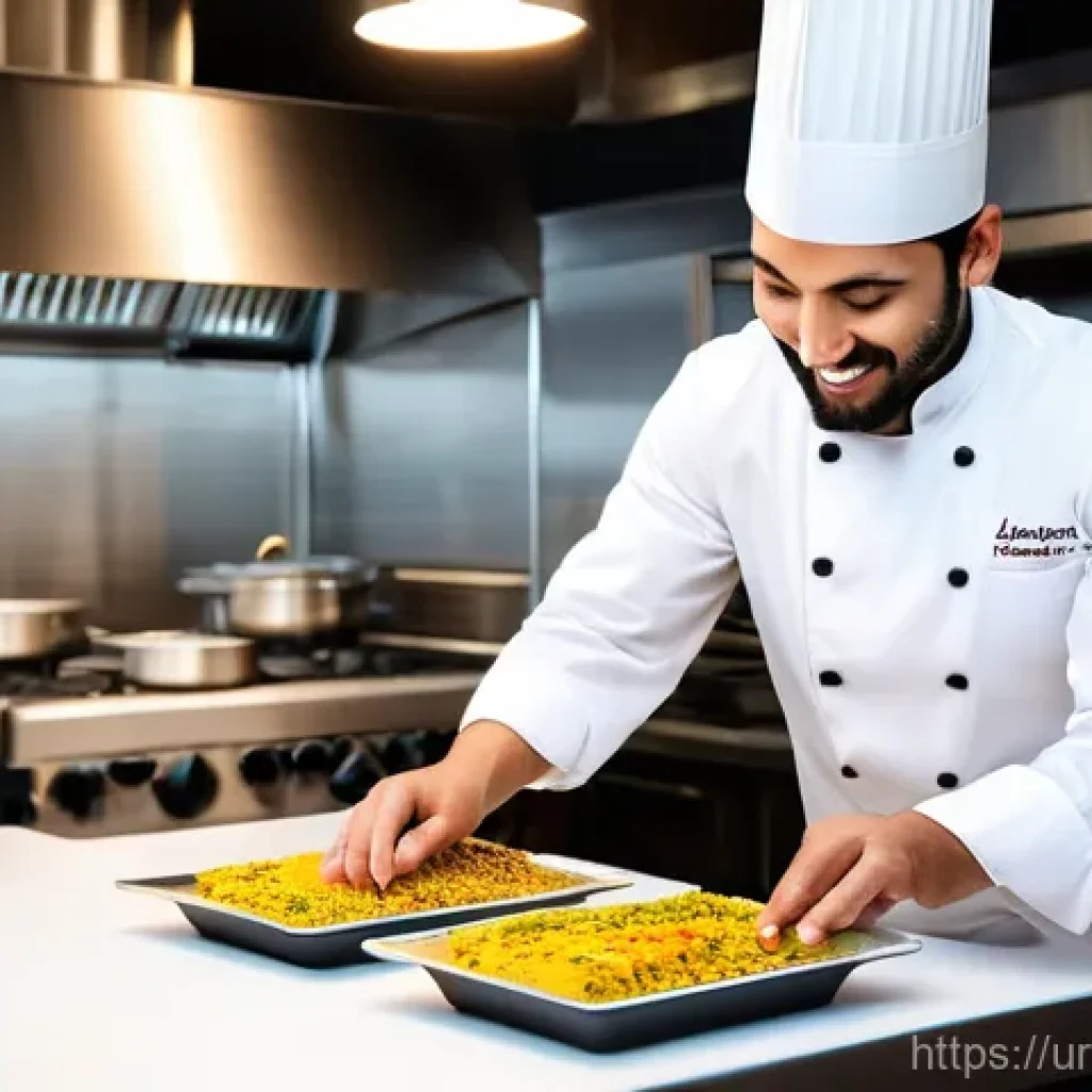 요리사 연봉 협상 시 유리한 조건 - "A professional chef, with a warm and confident smile, meticulously arranging a beautifully plated g...
