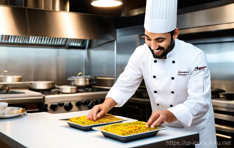 요리사 연봉 협상 시 유리한 조건 - "A professional chef, with a warm and confident smile, meticulously arranging a beautifully plated g...