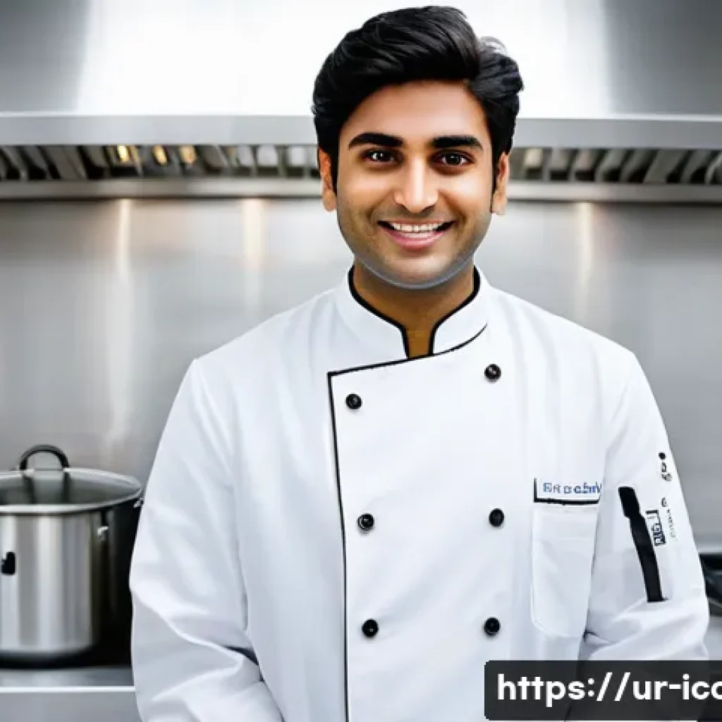 요리사로서의 글로벌 인증 - **Prompt:** A determined young Pakistani chef, dressed in a pristine white chef's coat worn over mod...