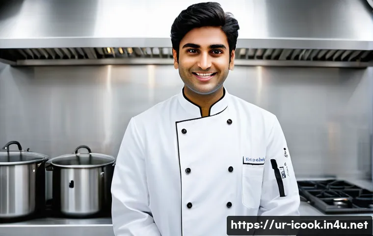 요리사로서의 글로벌 인증 - **Prompt:** A determined young Pakistani chef, dressed in a pristine white chef's coat worn over mod...