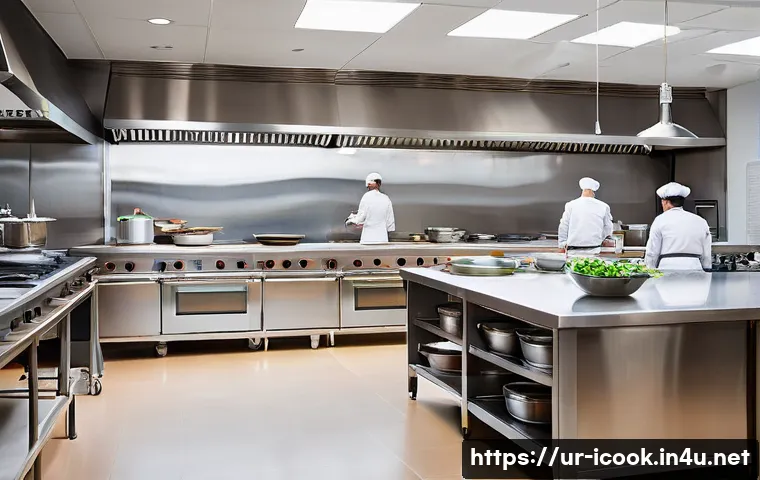 국제요리사 시험장 환경 미리 알아보기 - A professional international chef exam setting inside a modern, well-equipped kitchen with stainless...