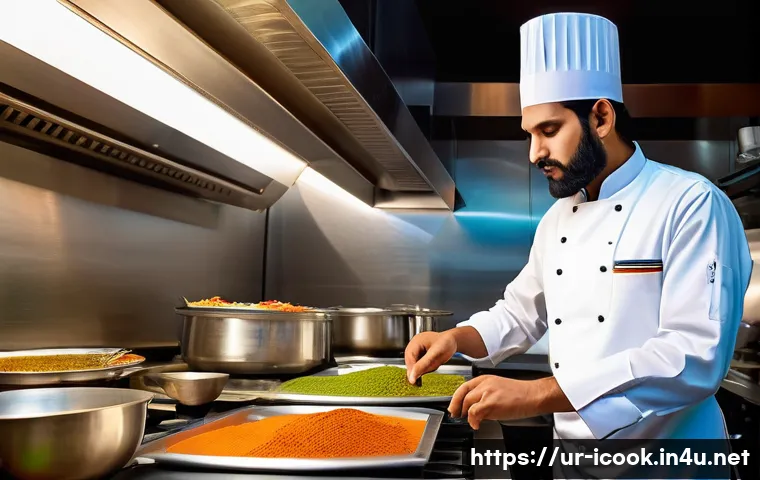 국제요리사 채용 시장 트렌드 - A modern fusion kitchen scene in a vibrant upscale restaurant in Karachi, featuring a skilled Pakist...