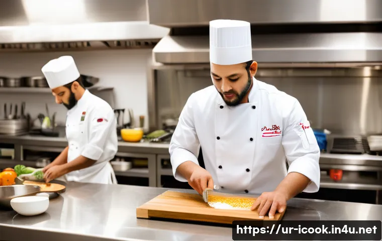 국제요리사 채용 시 필요한 준비물 - A professional international chef in a modern kitchen, wearing a clean white chef's coat and apron, ...