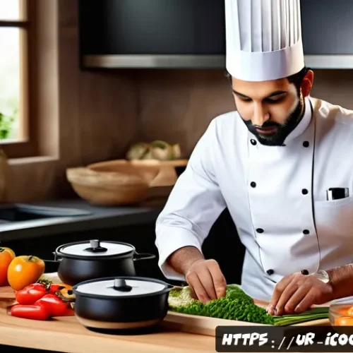 요리사 직무의 트렌드 변화 - A modern Pakistani chef in a stylish kitchen using a smart induction cooker and food processor, surr...