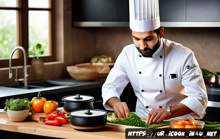 요리사 직무의 트렌드 변화 - A modern Pakistani chef in a stylish kitchen using a smart induction cooker and food processor, surr...
