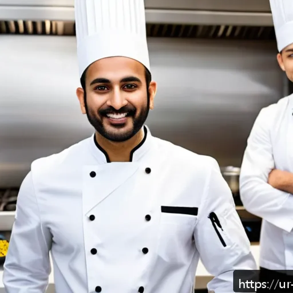 국제요리사로서 필요한 소프트 스킬 - A professional international chef in a busy multicultural kitchen, wearing a clean white chef’s coat...
