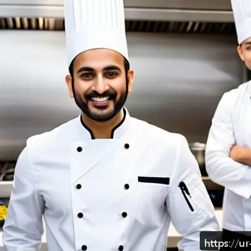 국제요리사로서 필요한 소프트 스킬 - A professional international chef in a busy multicultural kitchen, wearing a clean white chef’s coat...
