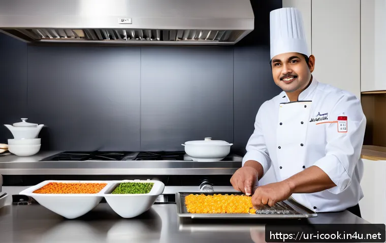 국제요리사 실무 경험을 돋보이게 만드는 법 - A professional international chef in a modern, upscale kitchen, demonstrating the use of advanced co...