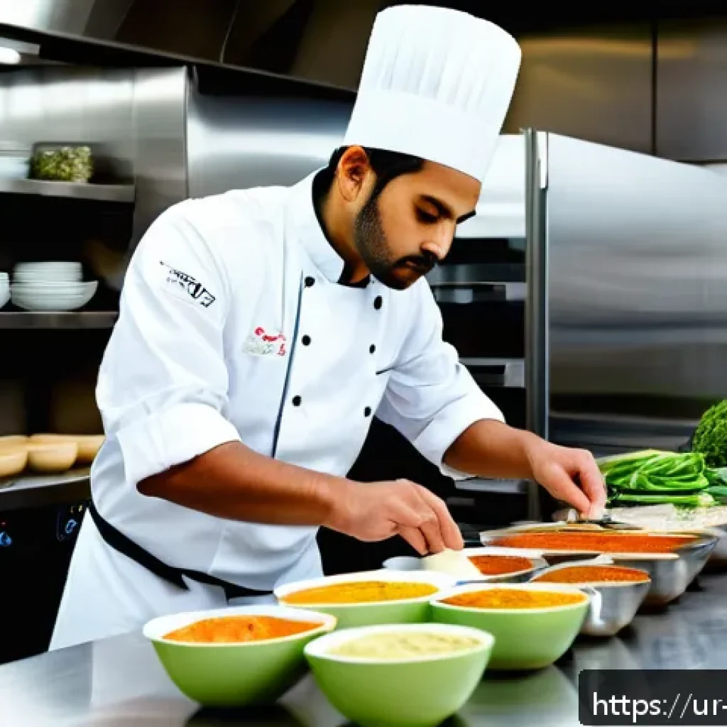 국제요리사 자격증 준비생의 주간 스케줄 - A modern professional kitchen scene with a South Asian chef in crisp white chef’s coat and apron pra...
