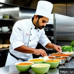 국제요리사 자격증 준비생의 주간 스케줄 - A modern professional kitchen scene with a South Asian chef in crisp white chef’s coat and apron pra...