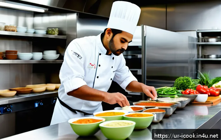 국제요리사 자격증 준비생의 주간 스케줄 - A modern professional kitchen scene with a South Asian chef in crisp white chef’s coat and apron pra...